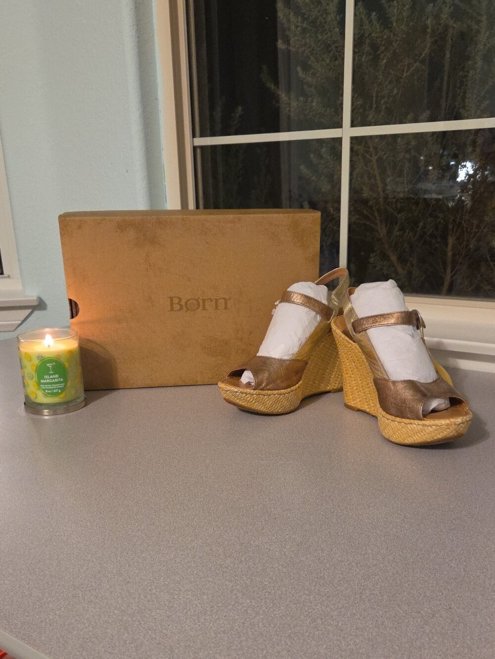 Born Metallic Bronze Wedge Sandals with Woven Espadrille Platform